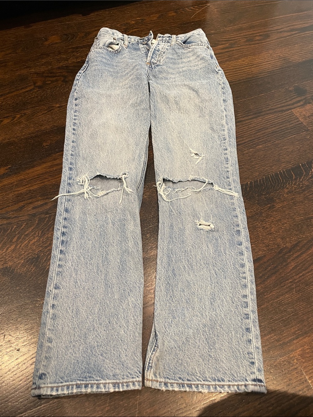 Denim Forum Light Blue Straight Leg Distressed Jeans